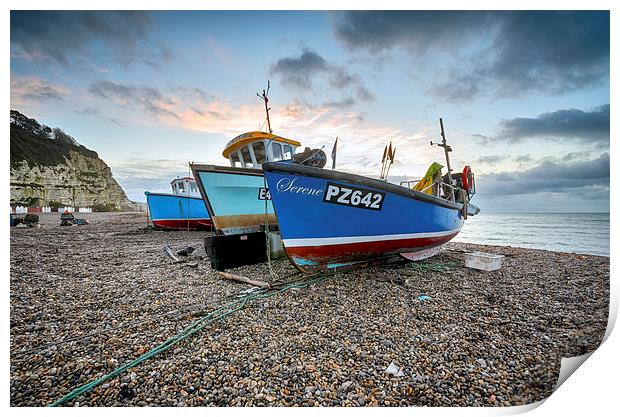 Fishing boats on the beach at Beer in Devon Print by Helen Hotson