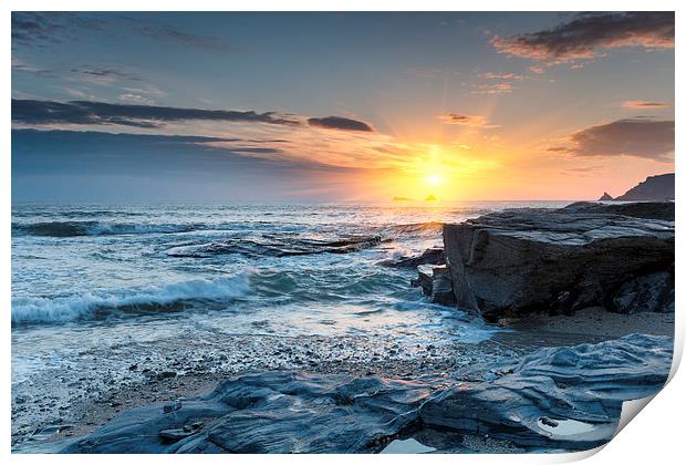 Sunset on a Cornish Beach Print by Helen Hotson