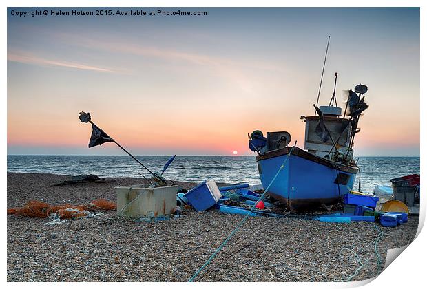 Blue Fishing Boat on a beach in Suffolk Print by Helen Hotson