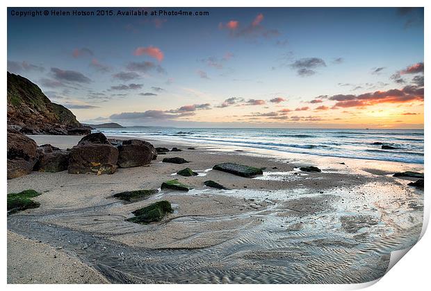 Sunrise at Pentewan on the Cornish Coast Print by Helen Hotson