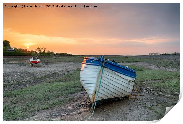 Sunset over Fishing Boat at Porlock Weir Print by Helen Hotson