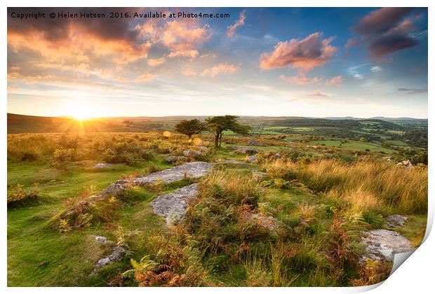 Sunset at Combestone Tor Print by Helen Hotson