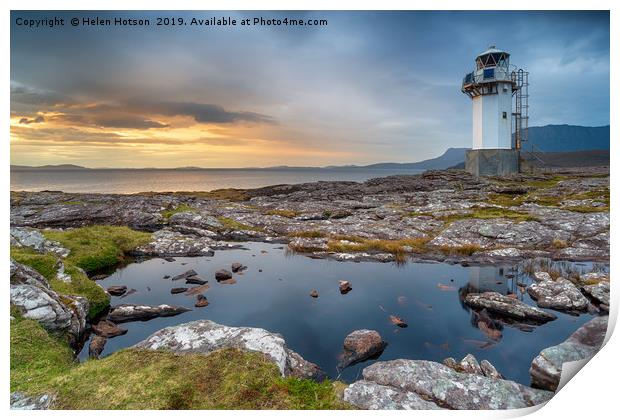Stormy sunset at Rhe lighthouse near Ullapool  Print by Helen Hotson