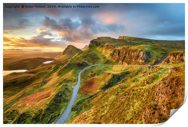 Dramatic sunrise sky over the Quiraing  Print by Helen Hotson