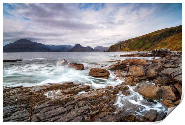 Moody skies over the beach at Elgol  Print by Helen Hotson