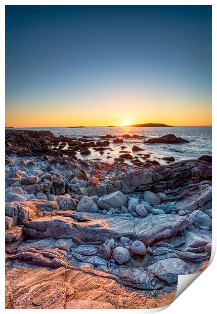 Sunset over the rocky beach at Mealista  Print by Helen Hotson