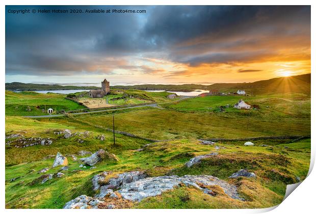 Beautiful sunset over the village of Rodel on the Isle of Harris  Print by Helen Hotson