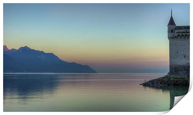 Chillon Castle by the lake at sunrise Print by Olavs Silis