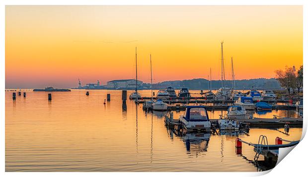 Solvesborg Harbor at Sunset Print by Antony McAulay
