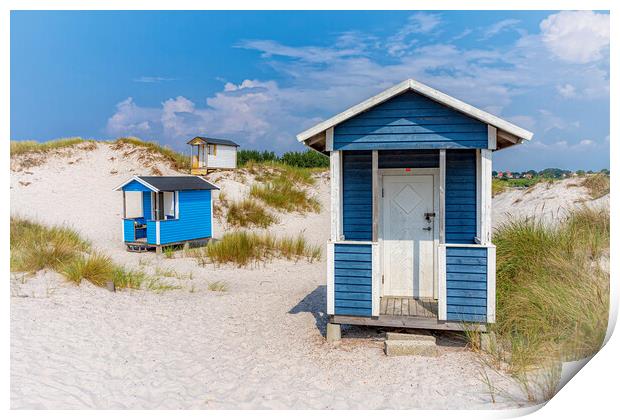 Skanor Beach Huts in Blue and White Print by Antony McAulay