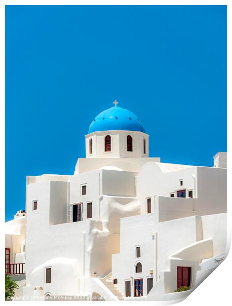 Santorini Blue Domed Church at Oia Print by Antony McAulay