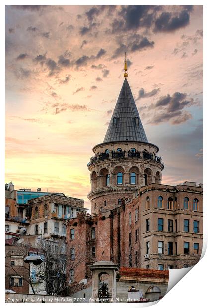 Istanbul Galata Tower at Sunset Print by Antony McAulay
