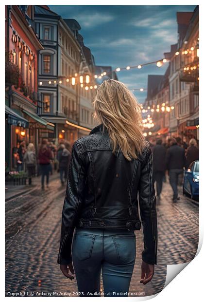 AI Generated Blonde in the City Walking Away. Print by Antony McAulay