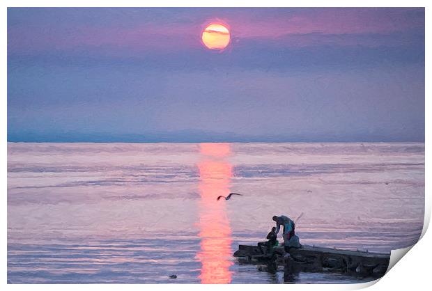 Family Fishing Sunset Digital Painting Print by Antony McAulay