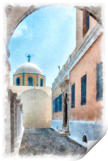 Fira catholic cathedral digital watercolor paintin Print by Antony McAulay