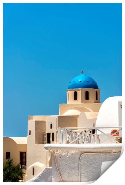 Santorini Oia Blue Domed Church Print by Antony McAulay