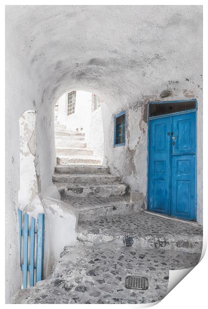Narrow Alley and stairway on Santorini Print by Antony McAulay