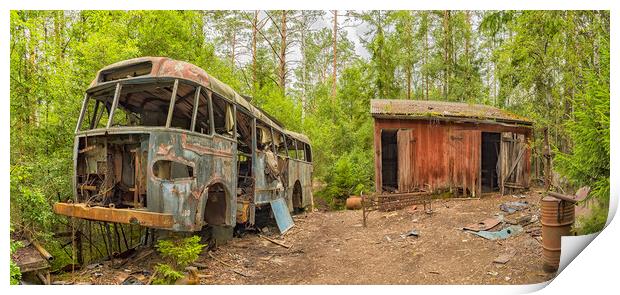 Wrecked Bus in Car Graveyard Print by Antony McAulay