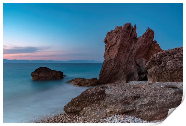 Rhodes Kato Petres Rocky Beach Print by Antony McAulay