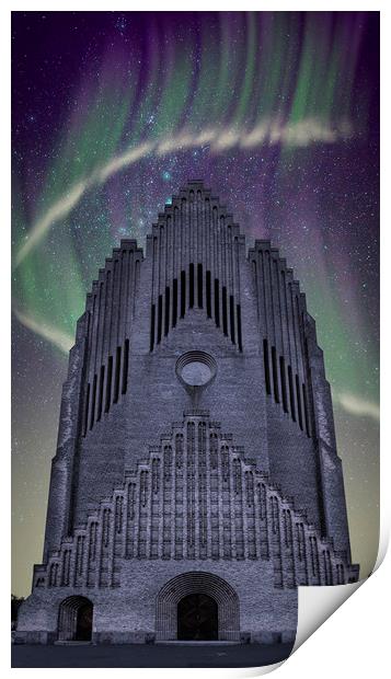 Copenhagen Grundtvigs Church with Northern Lights Print by Antony McAulay