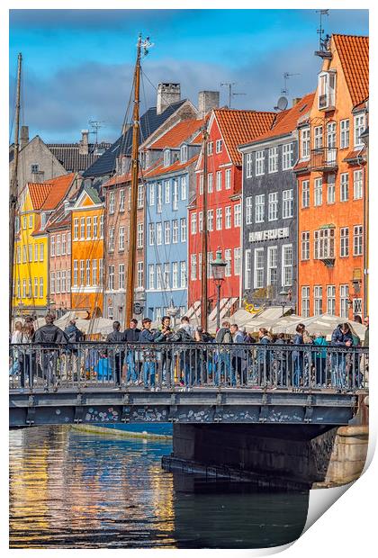 Copenhagen Nyhavn District Tourists Selfie Bridge Print by Antony McAulay