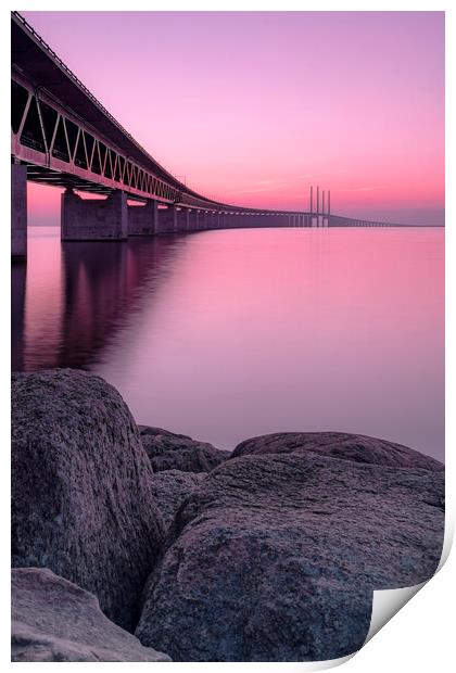 Oresunds Bridge at Pink Sunset  Print by Antony McAulay