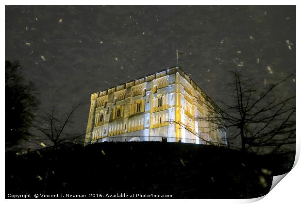 Snowy Night At Norwich Castle Museum, England Print by Vincent J. Newman