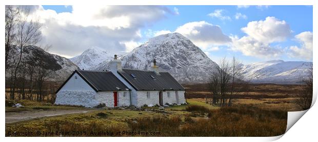 Panorama of The Black Rock Cottage in Glen Coe Print by Jane Braat