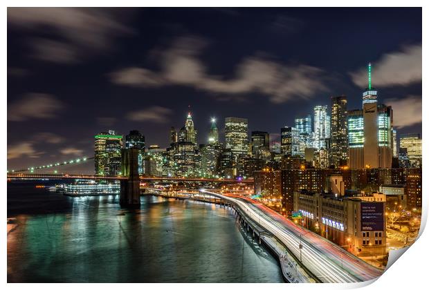 New York City Lights & Brooklyn Bridge Print by Chris Curry