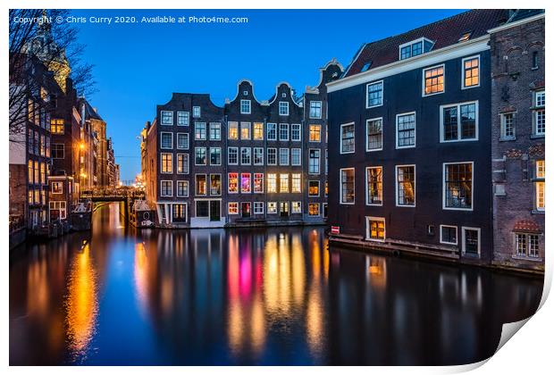 Amsterdam Night Reflections Canal Houses Print by Chris Curry