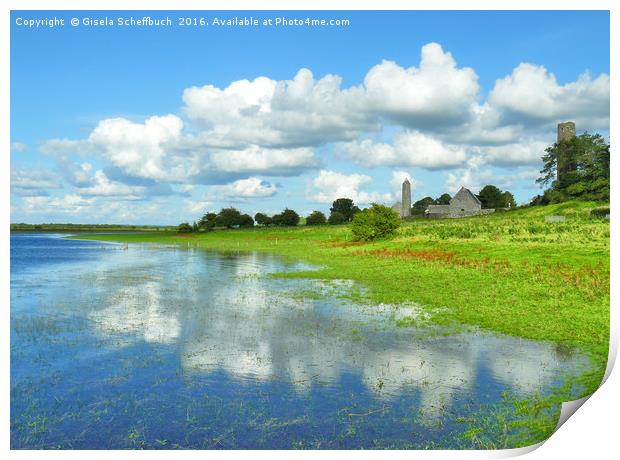 The Shannon Riverbanks at Clonmacnoise Print by Gisela Scheffbuch