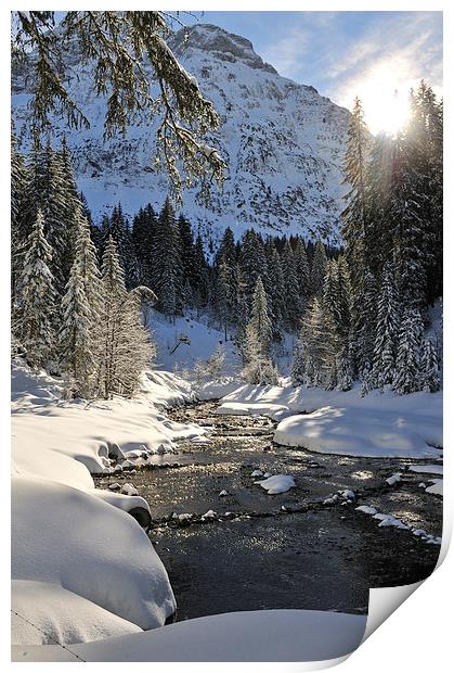River and mountains in winter Print by Matthias Hauser