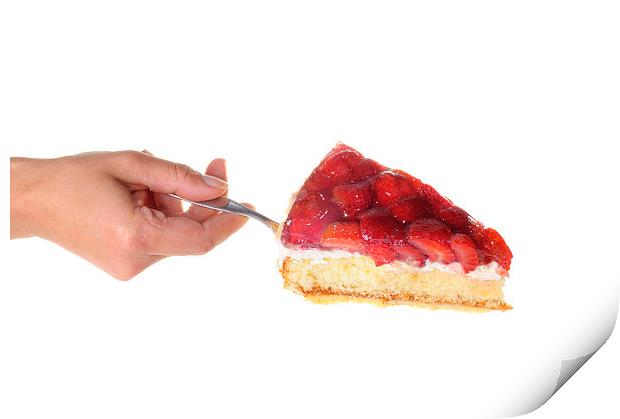 Hand serving a Strawberry cake Print by Matthias Hauser