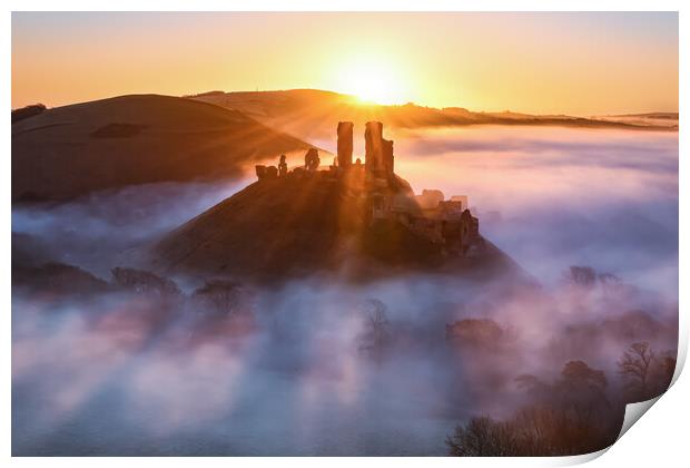 Corfe Castle foggy sunrise  Print by Shaun Jacobs