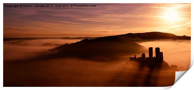 Corfe Castle through a misty sunrise Print by Shaun Jacobs