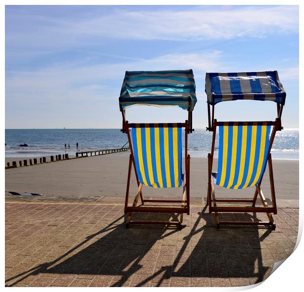 Deck chairs on the beach  Print by Shaun Jacobs