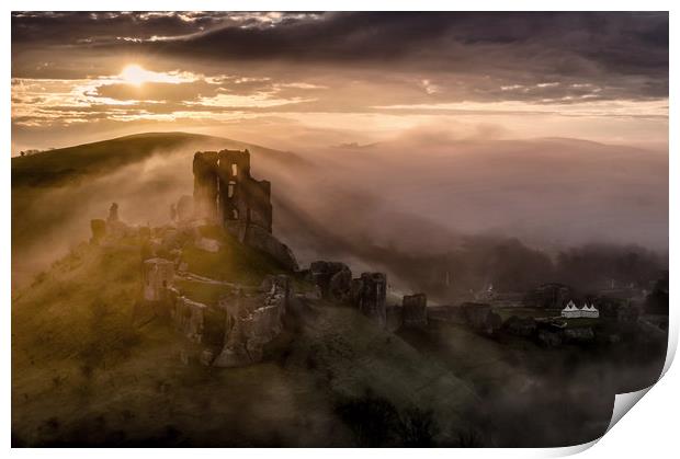 Corfe Castle misty sunrise  Print by Shaun Jacobs