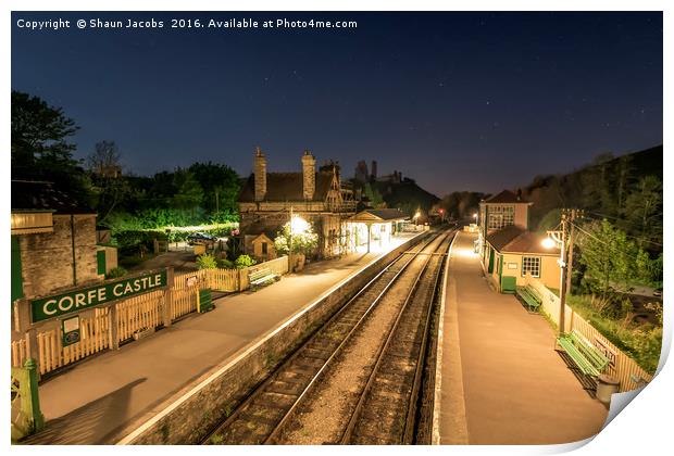 Corfe castle train station by night  Print by Shaun Jacobs