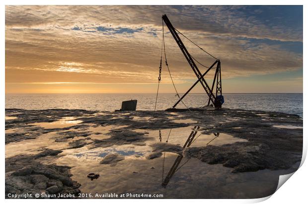 Portland Bill crane at sunrise Print by Shaun Jacobs