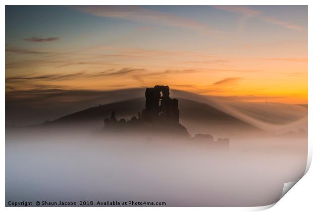 Corfe Castle on a foggy morning  Print by Shaun Jacobs