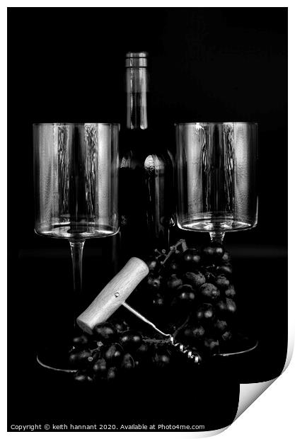 still life bottle of wine two. glasses and grapes  Print by keith hannant