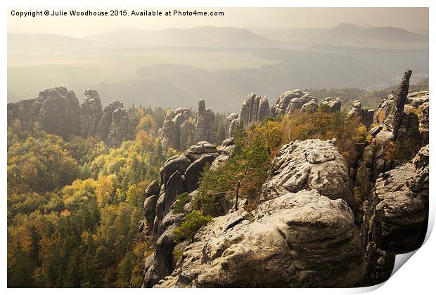 view of the Schrammstein rocks in the Elbe Sandsto Print by Julie Woodhouse