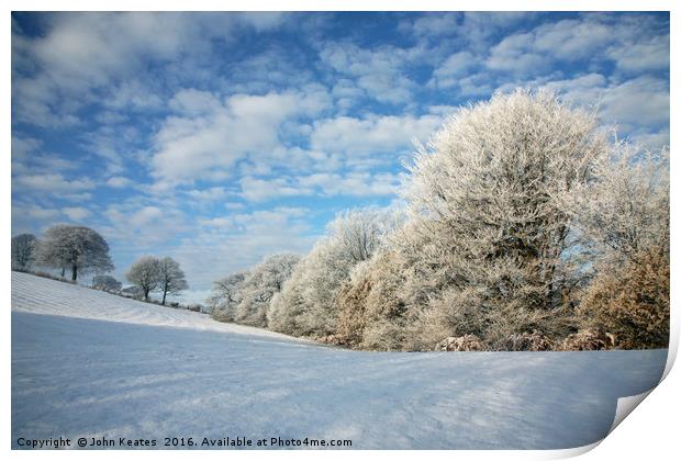 Frost covered trees in winter Print by John Keates