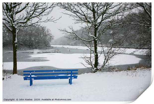 A snow covered blue bench at Bathpool Kidsgrove St Print by John Keates