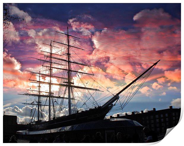  Sunset over the Cutty Sark Clipper Print by sylvia scotting
