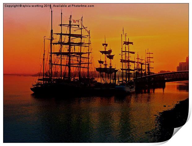 Tall ships at sunrise  Print by sylvia scotting