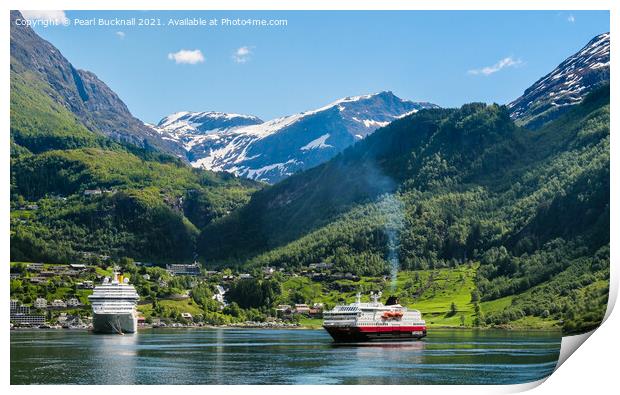 Cruise Ships in Geiranger Fjord on Norway Coast Print by Pearl Bucknall