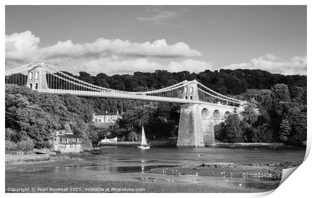 Menai Suspension Bridge Anglesey Black and White Print by Pearl Bucknall