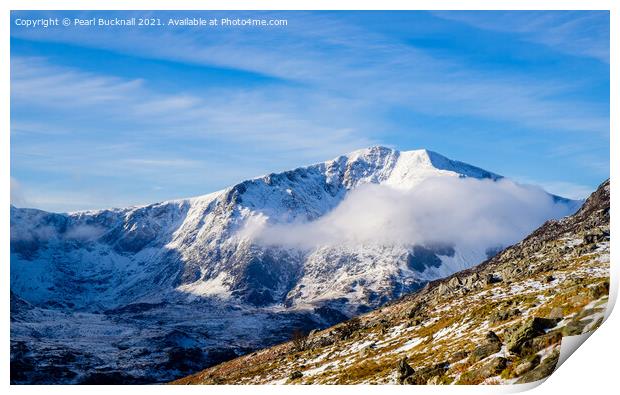 Snow-capped Y Garn Mountain Snowdonia Wales Print by Pearl Bucknall