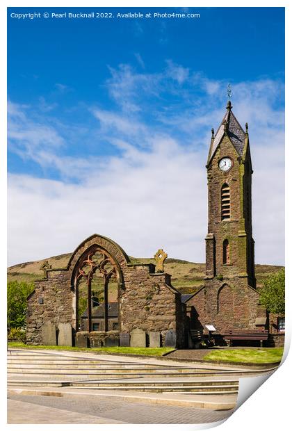 St Peter's Church and Clock Tower in Peel Isle of  Print by Pearl Bucknall